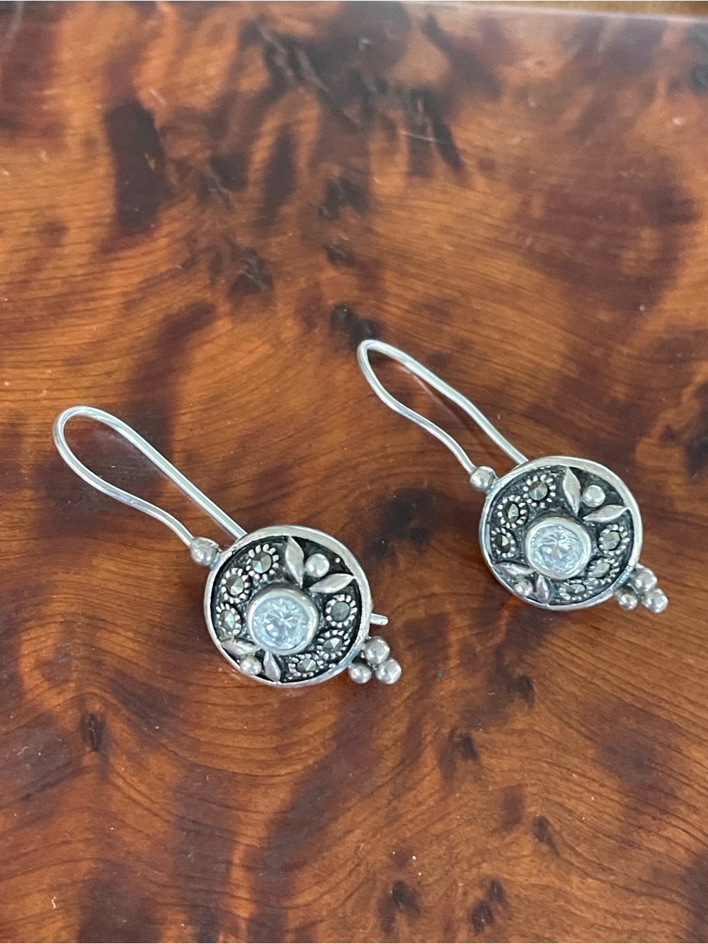 Vintage Sterling Silver Etruscan Revival Marcasite Drop Earrings Crystal Accent